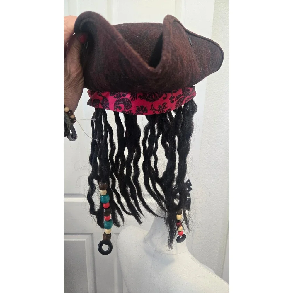 Nicky Bigs Novelties Pirate Tricorn Hat with Dreadlocks Bandana Beads Brown Red